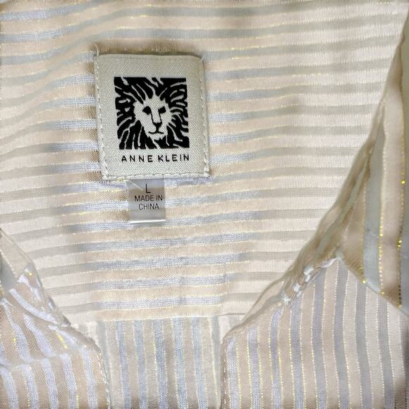 Anne Klein Blouse Size Large Quarter Zip Beige Metallic Gold Stripe Shimmer - Picture 5 of 10